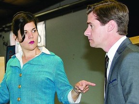Krista Colosimo puts her leading men, Kirk Smith and Brett Christopher, in their place during rehearsals for "Boeing Boeing", which is being presented by the Thousand Islands Playhouse from June 28 to July 27.        JULIA McKAY - KINGSTON THIS WEEK
