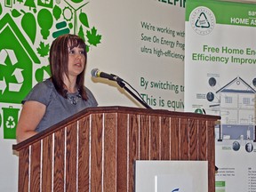 Erin Bourdeau, conservation program manager for Entegrus Inc., publicly introduced the  saveONenergy home assistance program at a press conference on June 25, at the Downtown Chatham Centre. The program is designed to help eligible homeowners and tenants manage their energy use and costs by installing energy-saving products, free of charge.
Kirk Dickinson/Chatham This Week