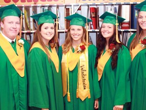 Thursday marked a memorable day for graduating students at Roland Michener Secondary School as they celebrated four years of growth, friendship and fun. Each student marked the first step forward into the world as they embark on their own journeys, continuing their education and fulfilling their dreams. From left are Maclean Plaunt, Caily Bois, Hannah Ferrari, Lindsay Elliott and Marcey Tomiuk.