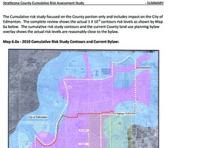 A red circle near the Baseline Road tag in the map above indicates the location of the 55-plus building proposed by the owners of Synergy Wellness Centre. The map, created by Strathcona County, shows the risk of death for someone living within a certain distance of industry, as suggested by Major Industrial Accidents Council of Canada. The purple (10-5 buffer) indicates a 10 in one million chance of death for someone who lives in that zone, while the blue (10-6) indicates a one in one million chance. The yellow diagonal lines pointing to the top right of the map indicate Strathcona County’s heavy industrial overlay zone that extends three kilometres away from industry, while the yellow lines pointing to the top left indicate the same, but for 1.5 kilometres.