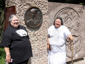 Margaret Hampton-Devine, left, of Texas, and Lola Hampton-Purvis, of Louisiana, who are with the Eastern Shawnee Tribe, visited the monument of famous Shawnee Indian Chief Tecumseh for the first time on Thursday. ELLWOOD SHREVE/ THE CHATHAM DAILY NEWS/ QMI AGENCY