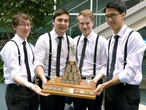 Brantford's Pitch Please has already won a provincial championship and is heading out to major competition next week. The quartet is Caleb Bray, tenor, Nathan Walton, bass, Sean Dennis, lead, and Silas Chinsen, baritone. (Submitted Photo)