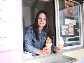 Michele Bruns inside her Chilly Goose ice cream truck in the village of Sydenham. (Ian MacAlpine The Whig-Standard)