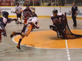 Owen Sound Garb & Gear NorthStars captain Ryan Hamelin flies through the air to take a shot on Guelph goalie Aidan Hodge in the Regals 17-14 win over Owen Sound on Thursday in Ontario Lacrosse Association Junior B Series play.