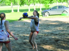 Action from the Jessica Stewart/Caitlin Dyck vs. Aryssa Chorney/Tiana Guy final at the Prairie Fire beach volleyball tournament June 27. (KEVIN HIRSCHFIELD/The Graphic)