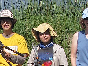 Volunteers pose while participating in Weeding for Wildlife and Wind up the Wire.