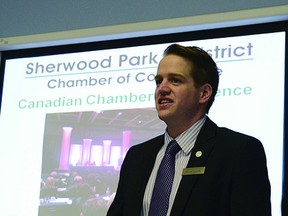 Michael Wharmby addresses the Sherwood Park and District Chamber of Commerce's breakfast meeting in one of his final acts chamber president on Thursday, June 20. Steven Wagers/Sherwood Park News/QMI Agency