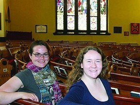 Juliana Colwell and Kalista Clement, tour guides with the St. Andrew’s Summer Tours Program, will be leading tours through the historic church located at the corner of Princess and Barrie Streets. St. Andrew’s was Sir John A. Macdonald’s home church and Queen’s University was founded here with Sir John A. seconding the motion. Another interesting bit of history is a carving on the back of one of the pews from WW1 Flying Ace Billy Bishop, who attended St. Andrew’s as an RMC cadet.       ROB MOOY - KINGSTON THIS WEEK