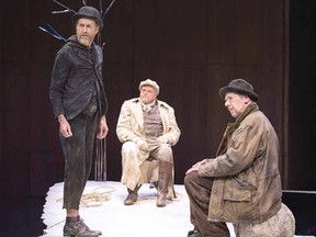 Tom Rooney, left, as Vladimir, Brian Dennehy, as Pozzo, and Stephen Ouimette, as Estragon, are shown in a scene from Waiting for Godot. (CYLLA VON TIEDEMANN Stratford Festival)