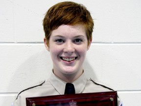 Megan Wheatley, the 2013 recipient of the Dawn Cowan Memorial Volunteer Award, is pictured here with another award from the Ottawa Police Service Venturers.SUBMITTED PHOTO