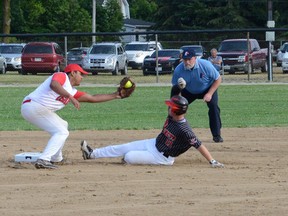 Owen Sound centrefielder Adam Stuck beats the throw for a stolen base as Oshawa BB's shortstop Kurtis Moore makes the catch as third-base umpire Dave Herbst watches on in the Selects 7-0 win on Friday at the Ontario Amateur Softball Association junior men's eliminations at Duncan McLellan Park.