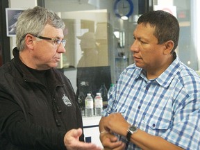 Aboriginal Affairs minister Robin Campbell with Bearspaw Chief Darcy Dixon. Campbell was in Morley, June 26, to listen to priorities of the Stoney Nation's three chiefs and council.