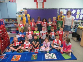 At this time of the school year, June, numerous Lions Clubs across Canada participate in a youth project known as Project Pride. Grade one pupils are visited by members of local Lions Clubs and receive materials and knowledge about our flag. An explanation on the value and purpose of the flag is presented to the class, followed by presentation of a personal certificate, an information sheet describing the flag and a miniature Canadian flag to each of the class members. The grade one class at Oakville School, left, participated in the activity on June 20.