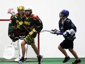 Annie Morrison runs up floor during last league game against the Axemen 3-3, June 19.  Morrison and Taylor McElroy have been selected for the Team Alberta Bantam Lacrosse team.