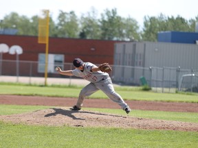 Marcus Critch pitched two innings for the Midget AAA Oil Giants in the team’s 16-7 to Okotoks Dawgs Black Sunday morning.  Trevor Howlett/Today Staff