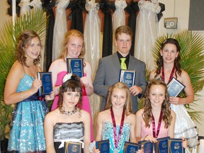 Ripley-Huron Community School hosted its Grade 8 Graduation ceremony on June 25, 2013. Back row: Linsday Henkenhaf, Amber Howald, Skylar Rutledge and Sydney Beishuizen. Front row: Vivian Zablewski, Taylor Pollard and Darby Chalmers. (ALANNA RICE/KINCARDINE NEWS)