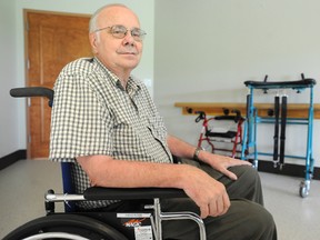 Hans Roos, 68, is concerned about physiotherapy supports disappearing at North Lambton Lodge in August when the province introduces a new funding model. Roos, who has Parkinson's disease relies on physiotherapy three times a week to exercise his legs. TYLER KULA/ THE OBSERVER/ QMI AGENCY