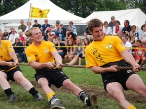 The Mount Vernon Gold team from Mount Vernon, Wisconsin dig in their boots during the 620 kg co-ed tug of war competition at Monday's Embro Highland Games. The team put in a strong showing and ended up winning what was a tightly contested event.
(STEPHEN PIERCE, For the Sentinel-Review)