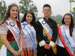 William Liu of the Chinese Village was named overall ambassador for the 40th Brantford International Villages Festival being held Wednesday through Saturday. With him are Annie Berki (left) of the Hungarian Village (second runner-up), Ashley Rodriguez of the Latin America Village (first runner-up), and Claudia Volpe of Village Italia (congeniality ambassador). MICHELLE RUBY / BRANTFORD EXPOSITOR