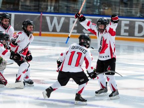 Team Brick Alberta forward Brett Hyland celebrates scoring his double overtime goal against the Winnipeg Jr. Jets at the Brick Invitational Super Novice Hockey Tournament at the Ice Palace in West Edmonton Mall on Tuesday July 2, 2013. TREVOR ROBB/QMI AGENCY