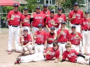 The Chatham Major Peewee Diamonds celebrate winning the Tecumseh baseball tournament Sunday. The Diamonds are, front row, left: Colton Shoemaker and Grant Spence. Middle row: Ethan Lutz, Jacob Breault, Caden Basso, Brandon Tennant and Ethan Paxton. Back row: coach Colin McGregor, Spencer Marcus, Bryce Joseph, coach Norm Joseph, Ty Lucio, Connor Goldsmith, coach Brendan Spence and Evan Rogers. (Contributed Photo)