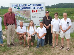 Members of the Pine River Watershed Initiative Network met with MP for Huron-Bruce Ben Lobb at the pilot project water storage in Ripley, Ont. L-R: Don Farrell, the landowner, MP (Huron-Bruce) Ben Lobb, Jack Campbell, Adrienne Mason, Amanda Hutter, Bob Bergman, liaison for the Bruce County federation of agricultural, Elizabeth Simpson and William Steele. (ALANNA RICE/KINCARDINE NEWS)