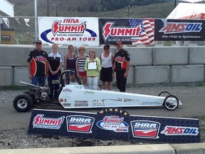 Eagleplex Track manager Joe Sye, Shawn Hagen, Holly Hagen, Jenna Michaud, another junior dragster competitor and friend of Shelby, Shelby Hagen, Elton Hagen, and IHRA Div 6 Director John Carnahan. (Photo submitted by Elton Hagen)