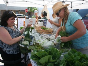 Chantal Yu, left, purchases locally grown vegetables from Kelly Trahan of Naturally Pure Farm in the Urban Park Farmer’s Market in Downtown Timmins last year.