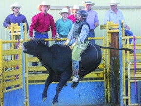 Airdrie, Alta. Griffin Smeltzer rides a steer at the Airdrie Pro Rodeo June 27 through July 1. Peter McCartney/Airdrie Echo/QMI Agency.