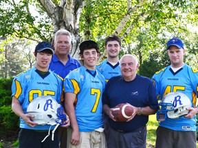 Pictured back row: Royals Football head coach Pete Buttenaar and William Haughland. Front row: Derek Chen, Josh Cassista, Geza Kocsis, general manager of Chippewa and alumni Darcy Palmer.