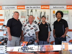 Stephen Anderson, STIHL Regional Manager, Ralph Giard and Trevor Girard, from Girard Esso and Dominic Trudeau, STIHL Product Demonstrator helped customers test out products down on Lake Commando on Canada Day.