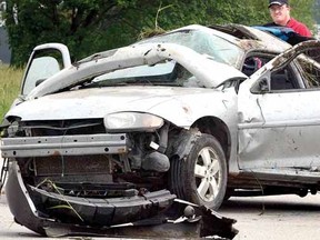 Nine teenagers in this vehicle were taken to hospital after a crash on Road 131 south of Milverton on Saturday. (SCOTT WISHART, The Beacon Herald)