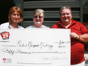 Carol Potter, left, of the local Heart and Stroke Foundation branch, with winners Margaret and Rick McInroy. Tracey Richardson photo.