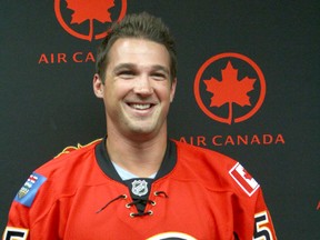 Calgary Flames defenceman Shane O’Brien is introduced during a press conference at McMahon Stadium in Calgary on Wednesday. O’Brien was acquired from the Colorado Avalanche last week. (Jim Wells/QMI Agency)
