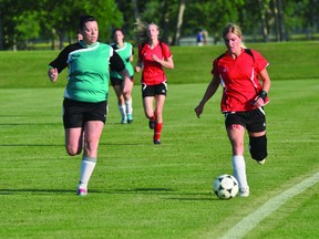 Portage's Katie Ward runs with the ball during the Blaze's game against FC Northwest July 3. (Kevin Hirschfield/THE GRAPHIC/QMI AGENCY)
