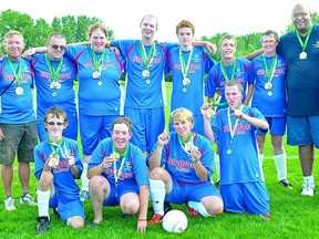 Members of the Stratford Special Olympics soccer team are, front from left, Norman Schenck, Megan O'Donovan, Lindsay Fradgley and Rob Kinnear; and back row from left, assistant coach Kerry Douglas, Mike Keleman, Tiffany Keller, Graham Knott, Brendan Chiasson, Mike Hitchcock, Karen Newbury-Nutt, assistant coach Matthew MacDonald and head coach Kevin Dunn. (CONTRIBUTED PHOTO)