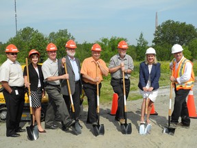 From left, Doug Nadorozny, Lorella Hayes, Tony Cecutti, Greg Clausen, Ron Dupuis, Dave Kilgour, Marianne Matichuk and Rob Sampson, the president of N-Viro at the groundbreaking ceremony for Sudbury's future biosolids plant onThursday. The plant will be built atthe Sudbury Wastewater Treatment Plant on Kelly Lake Road.