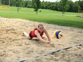 4 Play on the Beach's Katie Lafreniere makes a desperate play for the ball on Sunday afternoon's Pembroke Mixed Beach Volleyball fourth week of play. For more community photos please visit our website photo gallery at www.thedailyobserver.ca.
