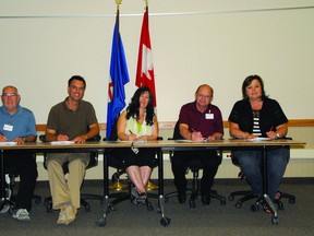 Jocelyn Turner Peace Country Sun
Representatives of each municipality in the Grande Prairie region were on hand June 27, for the signing of the official Grande Prairie Regional Emergency Partnership agreement at the Community Services Building in Clairmont. Present for the signing were: Town of Wembley Mayor Chris Turnmire, from left, City of Grande Prairie Mayor Bill Given, Beaverlodge Mayor Leona Hanson, Town of Sexsmith Mayor Claude Lagace and County Reeve Leanne Beaupre.