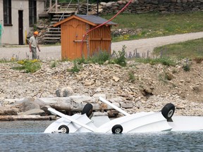 The wreckage of the Cessna float plane that crashed near Griffith Island in Georgian Bay killing Richard Gougeon, 71, James Gougeon, 43, both of Sudbury, and pilot, Richard Ross, 51, of Walden. JAMES MASTERS/QMI AGENCY