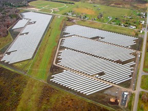 The Brockville solar power plant has just been purchased by TransCanada Corporation for $55 million. The green space in between the panels is the right of way for the TransCanada pipeline (Photo courtesy TransCanada Corporation).