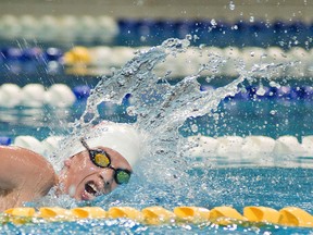 Twelve year old Richie Stokes of Etobicoke competes in the 1,500-metre freestyle event on Friday afternoon, July 5, 2013 at the long-course provincial Meet in Brantford. More than 700 swimmers from 75 clubs are taking part in the meet, the first one to be held at the Wayne Gretzky Sports Centre since renovation work was completed. The meet continues through to Sunday. (BRIAN THOMPSON Brantford Expositor)