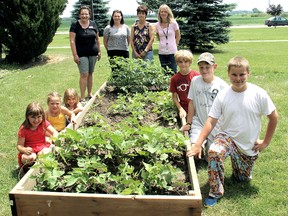 St. Anne Catholic School in Blenheim has begun a community garden project that the school and daycare are involved in. Pictured here, from front left, are: Leah Hamilton, Autumn Fysh, Cora Blonde, Melissa Everitt from the daycare program, Jaime Crow, kindergarten French immersion teacher, Deb Payne, with Blenheim Canadian Tire, Anita O'Brien, resource teacher, Patrick O'Brien, Andrew Vermey and Jared Fiala. ELLWOOD SHREVE/ THE CHATHAM DAILY NEWS/ QMI AGENCY