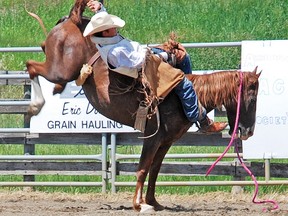 Bruno Roby shows classic form during the bareback bronc riding event at the Arrowwood Rodeo on June 30.