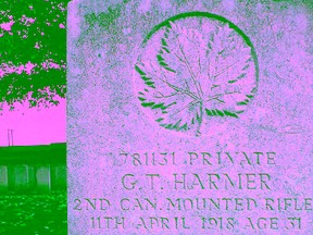 Grave marker in Europe for Strong Township's George Thomas Harmer, 31, killed during the First World War. He and Albert Ray Harmer, 24, were both killed. Albert Harmer also has a grave marker in Europe. The brothers had their names added to the community's restored cenotaph thanks in part to a family member's chance visit to the Peace Tower in Ottawa.