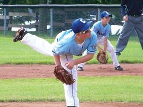 Bailey Geneau of the Cornwall major River Rats delivers from the mound during the team’s game against Pinecrest. Cornwall won the contest 4-3, with Geneau driving in the winning run.