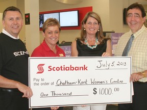 Scotiabank donated $1,000 to the Chatham-Kent Women's Centre on Friday, July 5. The money will go towards the purchase of fresh startup baskets given to women as they move out of the centre. About 200 of the baskets are given away each year, containing items scuh as cleaning supplies, pots and pans, dishes and cutlery. From left are Park Street branch manager Tom Kewley, King Street manager Brenda Richardson, centre board chair Darlene Smith-Kling and executive-director Hal Bushey.