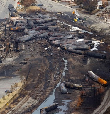 The remains of a burnt train are seen in Lac Megantic, July 8, 2013.  REUTERS/Mathieu Belanger