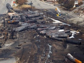 The remains of a burnt train are seen in Lac Megantic, July 8, 2013.  REUTERS/Mathieu Belanger