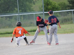 Jax Kingshott steals second for the Paris Phillies on Wednesday, July 2 against the Brantford Red Sox. The Phillies won the game 10-0 in five innings. MICHAEL PEELING/The Paris Star/QMI Agency